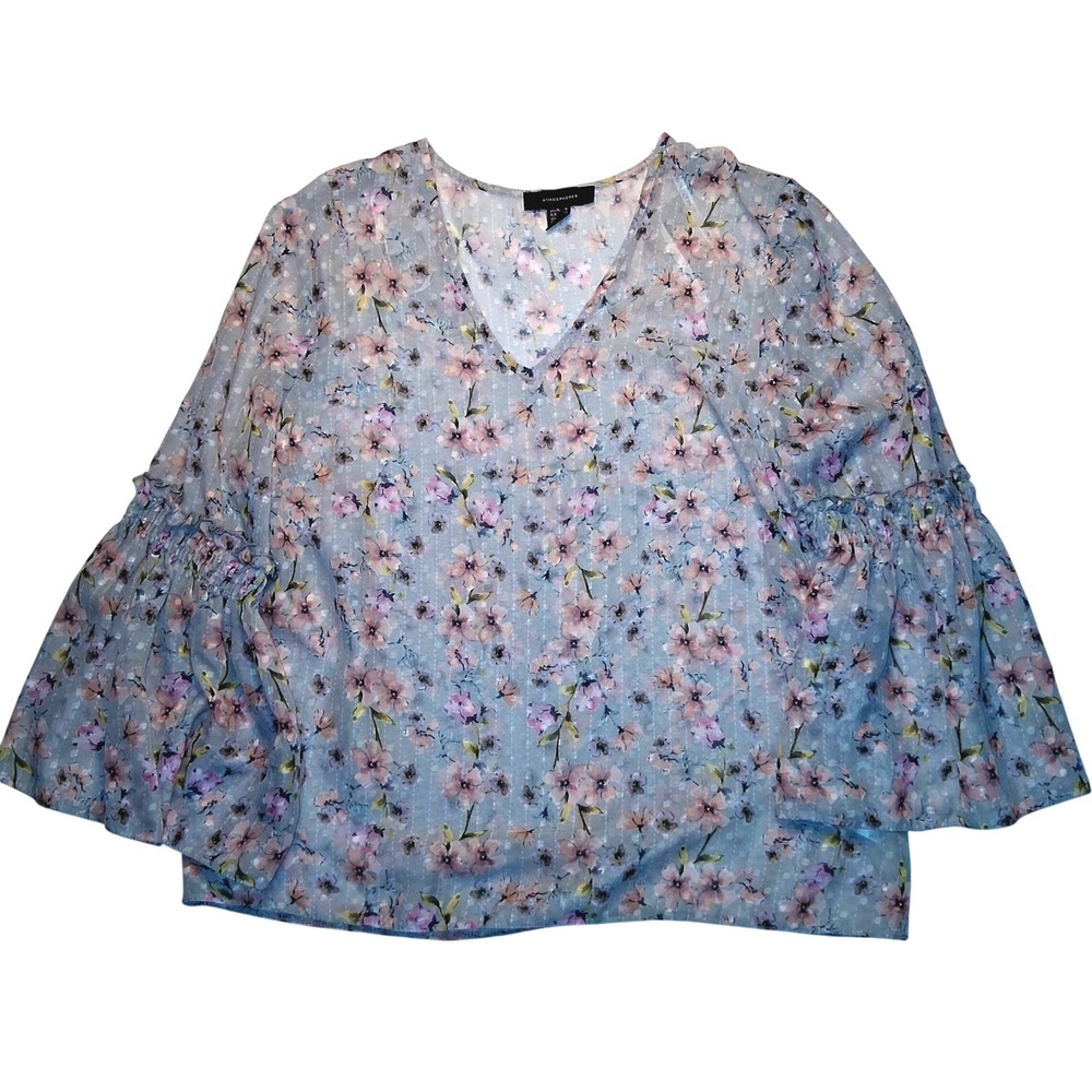 Atmosphere Floral Blouse Top Bell Sleeve Semi Sheer Gray Pink Womens